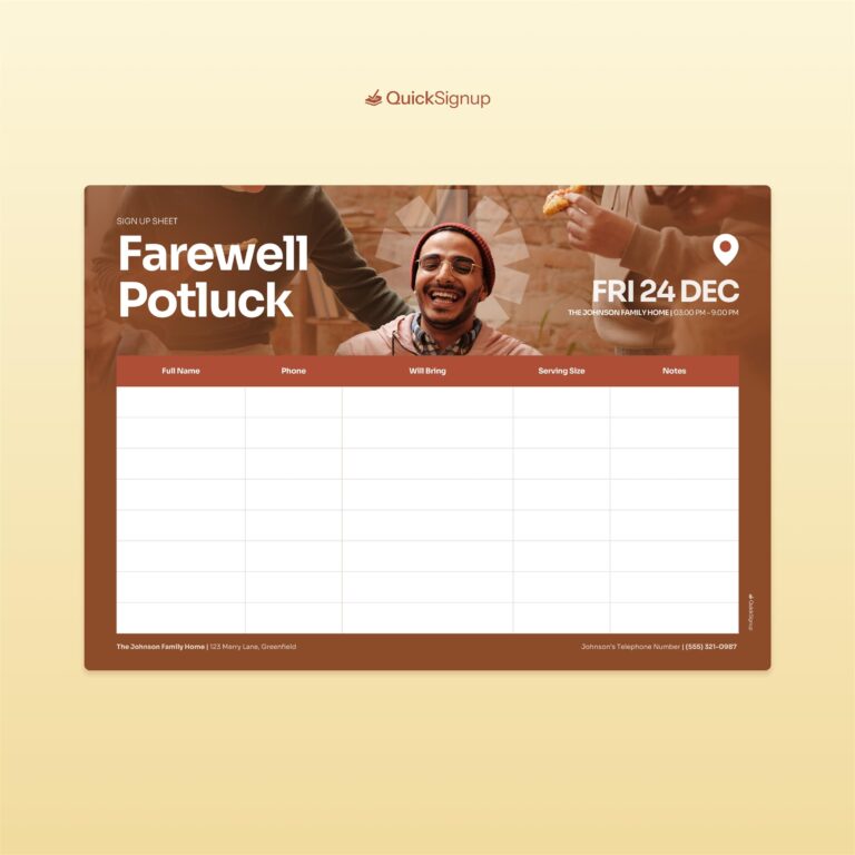 Farewell Potluck Sign up Sheet