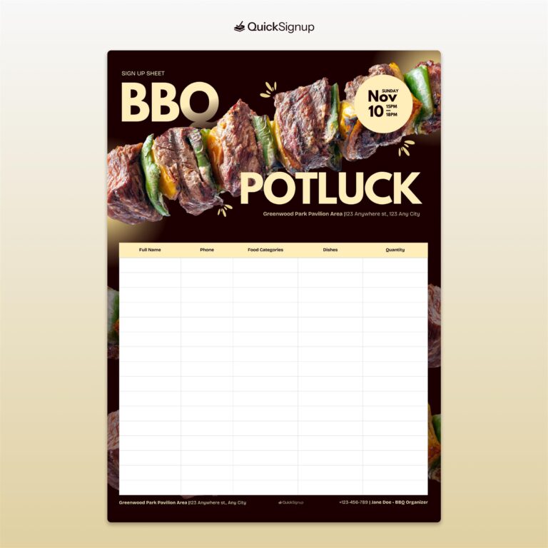 BBQ Potluck Sign up Sheet