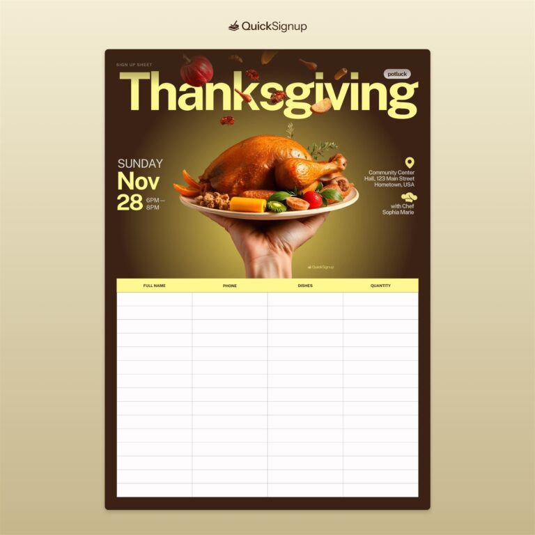 Thanksgiving Potluck Sign up Sheet