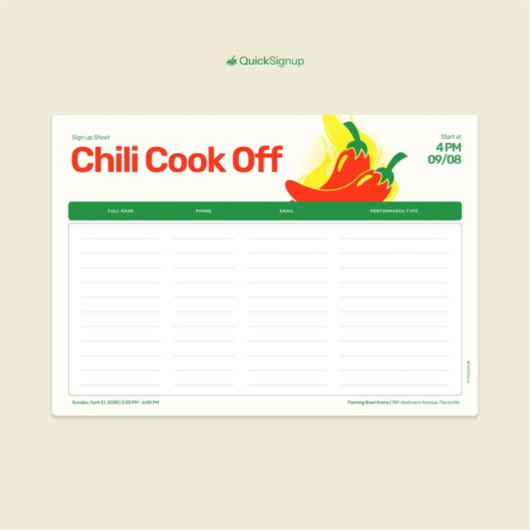 Chili Cook Off Sign up Sheet