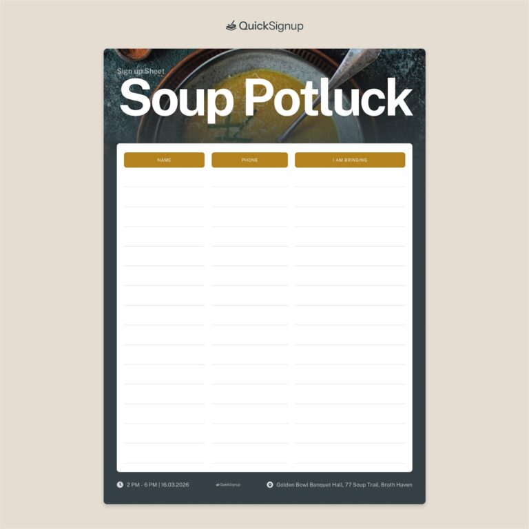 Soup Potluck Sign up Sheet
