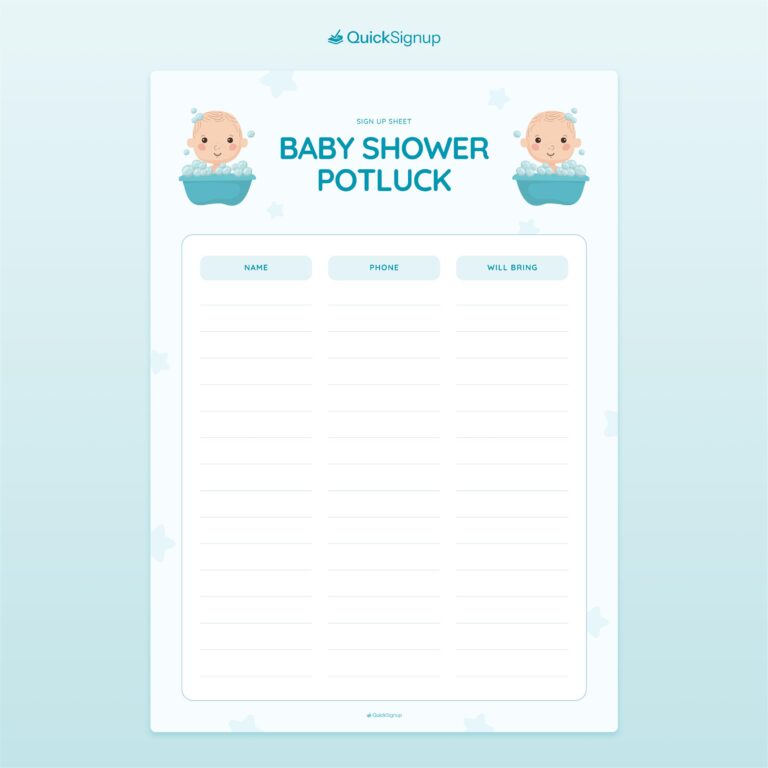 Baby Shower Potluck Sign up Sheet